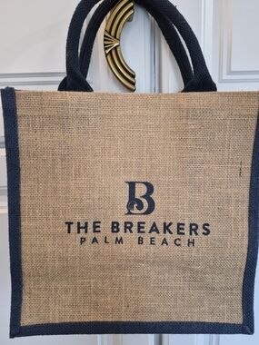 THE BREAKERS PALM BEACH Jute Tote Bag - Natural w/ Navy Trim 11.75" Velcro Close